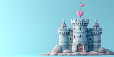 Wall Mural - Magic grey Princess Castle with red heart. Cartoon Style. Children’s game. Games. Fantasy kingdom. Toy. 3D Illustration for book. Copy space for text. Valentine’s Day Card. Love. Isolated on blue