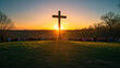 A serene Easter sunrise service held outdoors with a congregation gathered around a wooden cross soft morning light illuminating the scene.