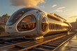 Futuristic train concept with sleek design at sunset, representing modern transportation innovation and technology