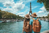 Fototapeta Paryż - Back view of a content traveler traveling around Europe. Generative Ai.