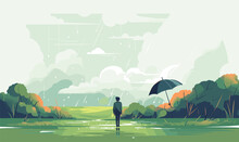 A Girl With An Umbrella Nearby. Landscape In The Rain. Vector Illustration