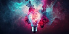 Incandescent Light Bulb With Colorful Smoke On Dark Background