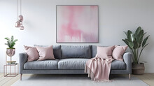 Grey Sofa With Pink Pillows And Blanket Against White Wall With Abstract Art Poster. Interior Design Of Modern Living Room, Vivacious, Dark Fantasy, Futago, Aerial View, 