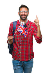 Sticker - Adult hispanic student man holding passport of united kingdom over isolated background surprised with an idea or question pointing finger with happy face, number one