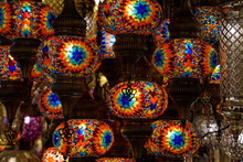 Colorful Turkish Glass Lamps Chandelier With Glass Details In Istanbul Grand Bazar Turkey