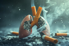 World No Tobacco Day. Smoking Prevention. Lungs And Cigarettes. Ashtray With Cigarette Butts. Concept Of Breathing Health And Life.