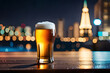 large pint of fresh foamy beer on a rooftop terrace , urban lights background