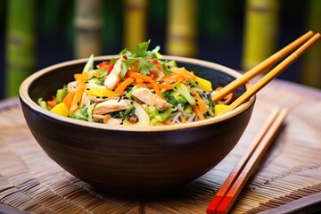 Poster - grilled chicken and avocado salad in a bamboo bowl