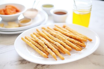 Canvas Print - breadsticks with sesame seeds on a white platter