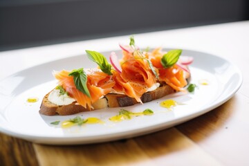 Canvas Print - side view of smoked salmon bruschetta on a white plate