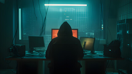Wall Mural - A hacker wearing a hoodie in a room full of computers. Cyber security. Hacking and cracking. Cyber espionage. Cyber threat. The dark web.