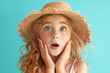 Beautiful girl wearing straw hat and sunglasses posing with open mouth, recives shocking. Shocked astonished surprised kid girl looking at camera with open mouth and big eyes