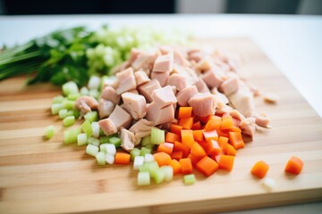 Sticker - diced vegetables and chicken pieces prepped for coq au vin