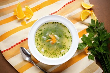 Sticker - top view of soup with chopped parsley, slight spill on the table