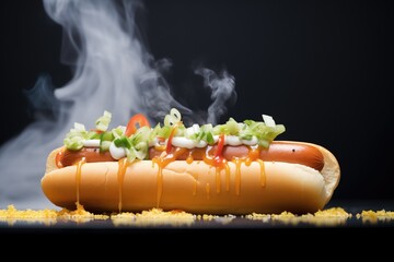 Wall Mural - close-up of hot dog with steam rising against black