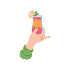 Wall Mural - Hand holds a glass with tropical cocktail, vector illustration on white