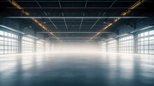 Interior Of Empty Industrial Space As Advertisement Background. Postproducted Generative AI Illustration.