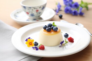 Canvas Print - vanilla pudding with berries on white plate