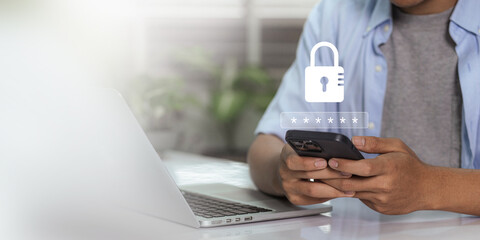 Fototapete - Cybersecurity protects passwords and secure internet access. It is crucial to have secure login and protection in the online world. Users enter their passwords on the internet network to stay safe
