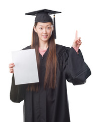 Wall Mural - Young Chinese woman wearing graduate uniform holding paper degree surprised with an idea or question pointing finger with happy face, number one