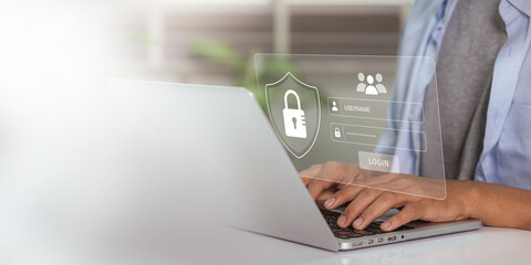 Fototapete - Cybersecurity protects passwords and secure internet access. It is crucial to have secure login and protection in the online world. Users enter their passwords on the internet network to stay safe