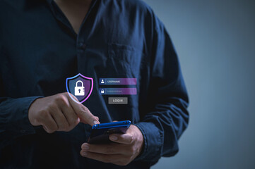 Fototapete - Logins for commercial and financial transaction data are protected from cyberattacks by cybersecurity, and user private data is encrypted for security