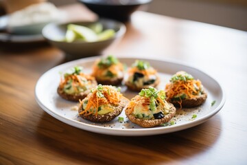 Sticker - stuffed mushrooms topped with panko, ready to eat