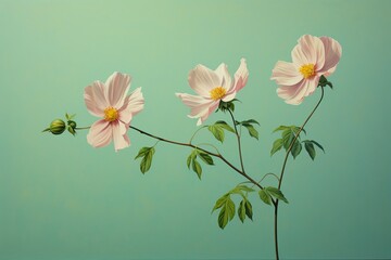 A painting of two flowers on a wall with a light green background