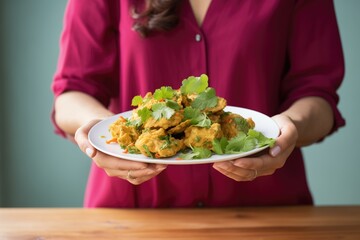 Sticker - woman holding plate of pakoras with cilantro