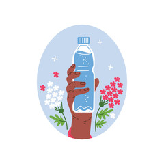 Wall Mural - Badge sticker with hand holding water bottle, flat vector illustration isolated.