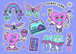 Trendy retro y2k anti Valentines day stickers set. 2000s anti valentine day concept with cartoon heart characters with vintage elements. Vector hand drawn illustration.