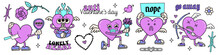 Set Of Retro Cartoon Hearts And Funny Grungy Elements. Collection Of Comic Characters In Trendy Y2k Psychedelic Weird Cartoon Style. Trendy Neon 2000s Anti Valentines Day Concept. Vector Illustration