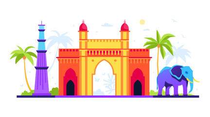 Lal Qila or Red Fort - modern colored vector illustration with historical citadel built in Delhi, tropical animal elephant and Qutab Minar brick islamic tower. Monuments from different eras idea