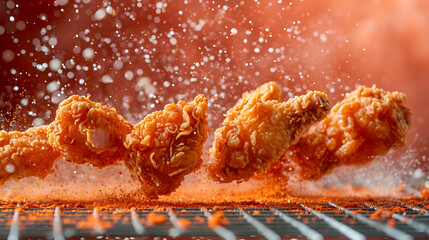 Wall Mural - Commercial food photography; crispy and crunchy fried chicken surrounded by spices flying in the air against a plain red background, studio light