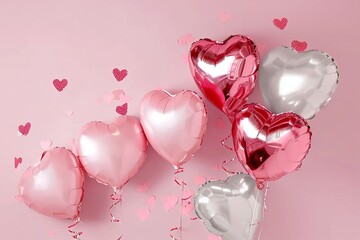 Wall Mural - light pink backdrop with foil heart shaped balloons