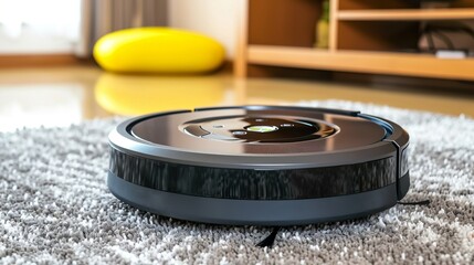 Automated cleaning with smart home robot vacuum cleaner in modern white living room interior.