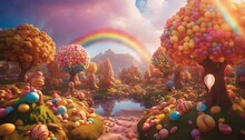 A Whimsical Candy Land With Rivers Of Chocolate And Candy Trees, Colorful And Inviting, With A Rainbow