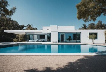 Wall Mural - Crisp White Modernist Home with Bold Blue Pool, the reflection of the house in the water doubling