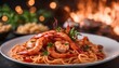 Gamberi Fra Diavolo, succulent prawns in a fiery tomato sauce served over al dente linguine