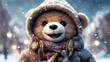 Ein Teddybär freut sich über den Schnee. 