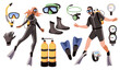 Cartoon diving equipment. Male and female divers in suits and scuba gear, fins, underwater masks, oxygen tanks, people swimming, extreme sea sport, ocean adventures tidy vector isolated set