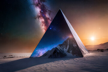 parallel universe portal pyramid on desrtic planet , nebulas and galaxies