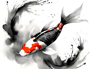 Wall Mural - An artwork of a beautiful large black and white color koi fish, paint background