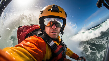 Wall Mural - Coast guard Officer in a stormy sea. Rescue operation in ocean using helicopter or rescue boat