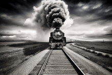 Retro Train Rushing Along The Rails Black And White Background Front View