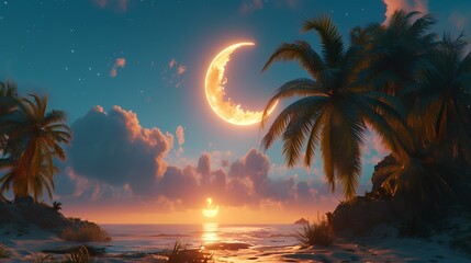 Poster - moon and palm trees on the beach at night 3d render illustration