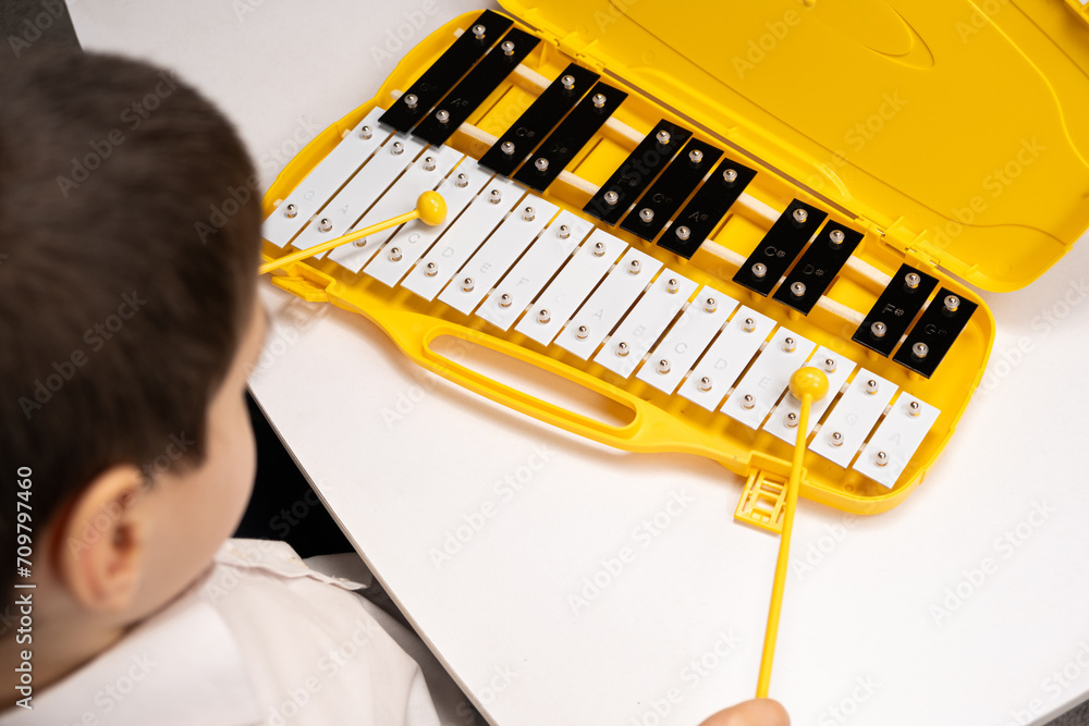 Little Six Year Old Boy Playing Metallophone Metal Xylophone Percussion ...