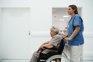 Wall Mural - Portrait of nurse pushing senior patient in wheelchair across hospital corridor. Emotional support for elderly woman.