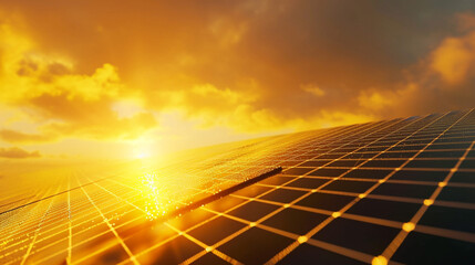 illustration of a black futuristic field of sola panelsr, bright yellow-orange futuristic background