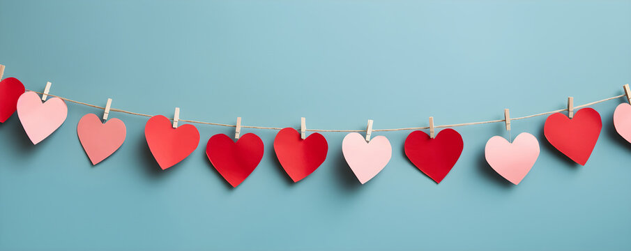 a handmade garland of red paper hearts on a blue background. valentine's day, birthday, wedding, ann